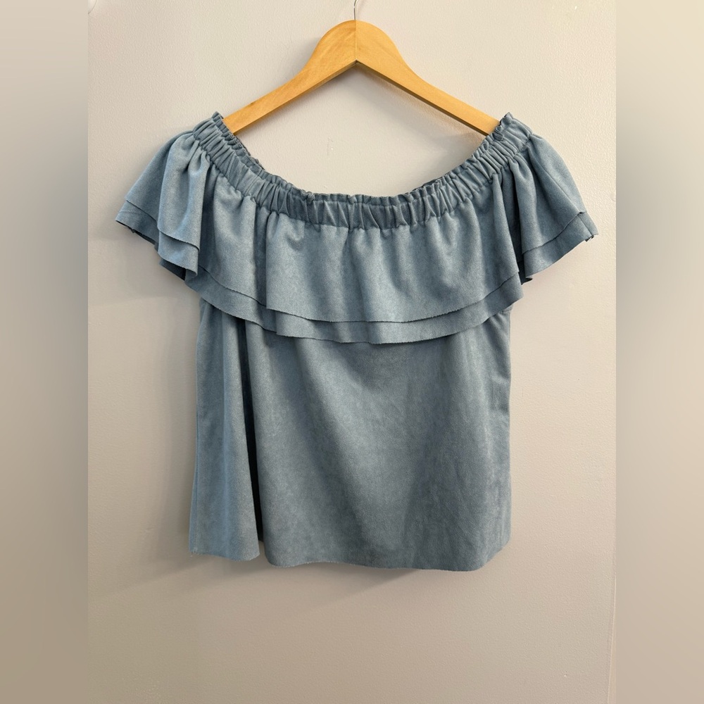 Young Fabulous Broke Blue Faux Suede Off Shoulder Ruffle Top Sz M Y2K Festival